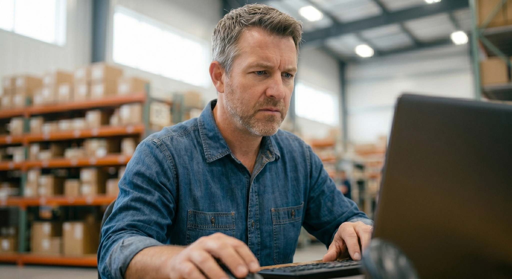 Employée préoccupée analysant des colis dans un contexte logistique.
