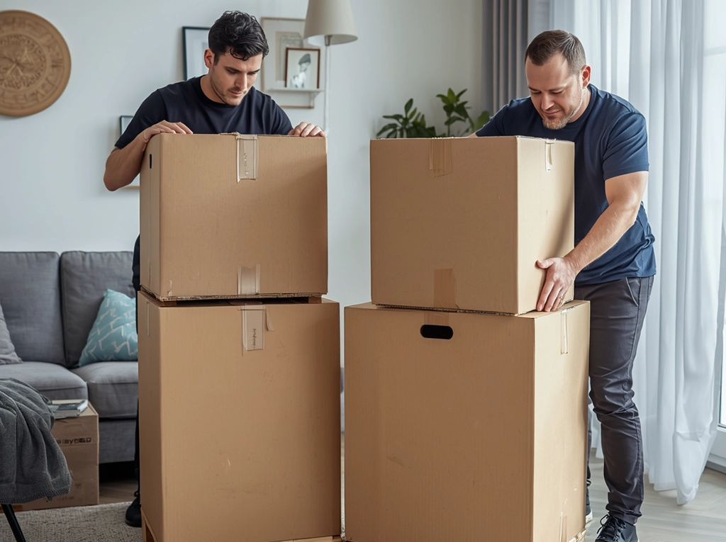 Two delivery drivers making a delivery while wearing white gloves and unpacking a heavy package