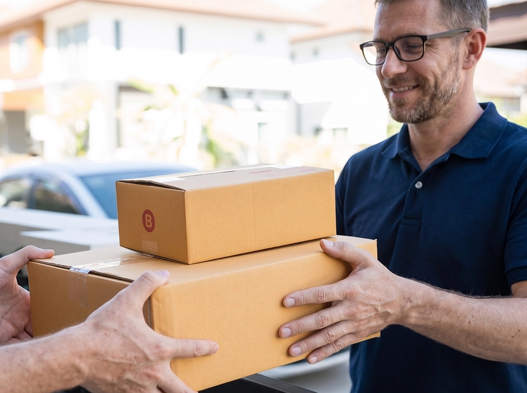 A smiling man receiving packages at home