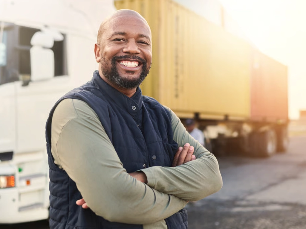A smiling truck driver in front of transport trucks