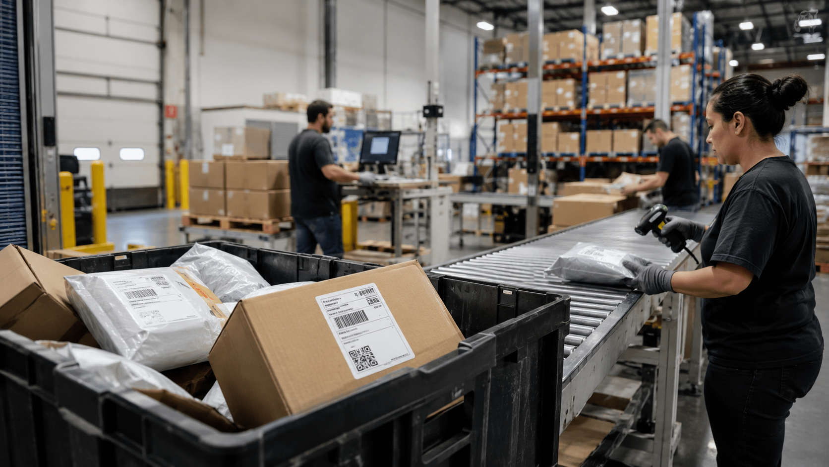 Warehouse employee receiving an ecommerce return shipment at a reverse logistics dock