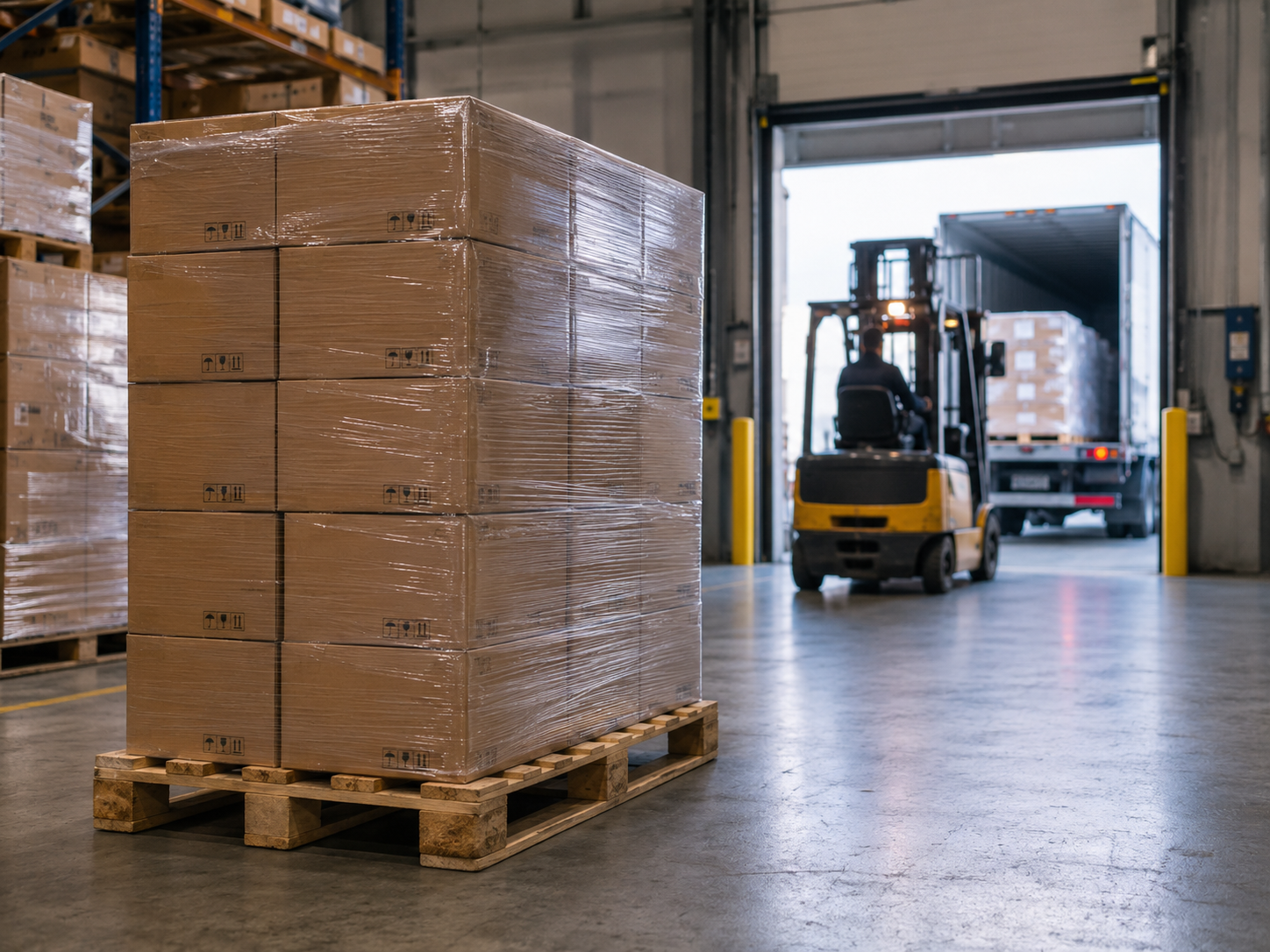 Well-built pallet of goods with a consolidated freight truck loading in the background, illustrating the shift from parcel to palletized freight