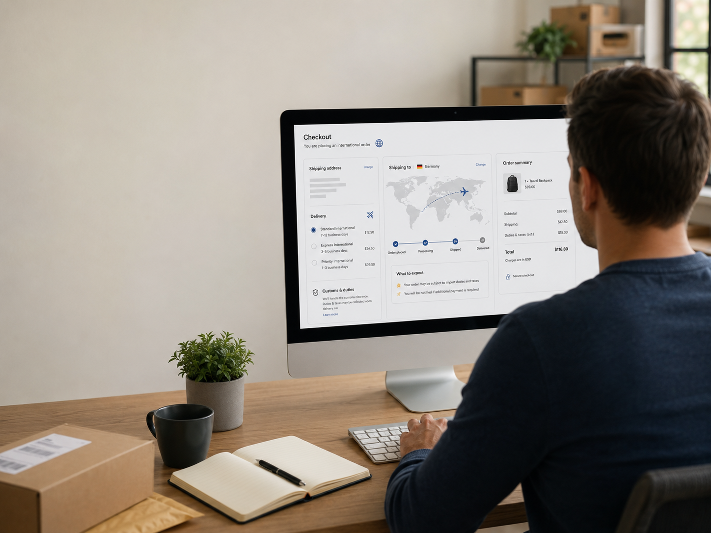 Page de paiement d'une commande internationale e-commerce affichant un coût rendu complet en modèle DDP, droits et taxes inclus