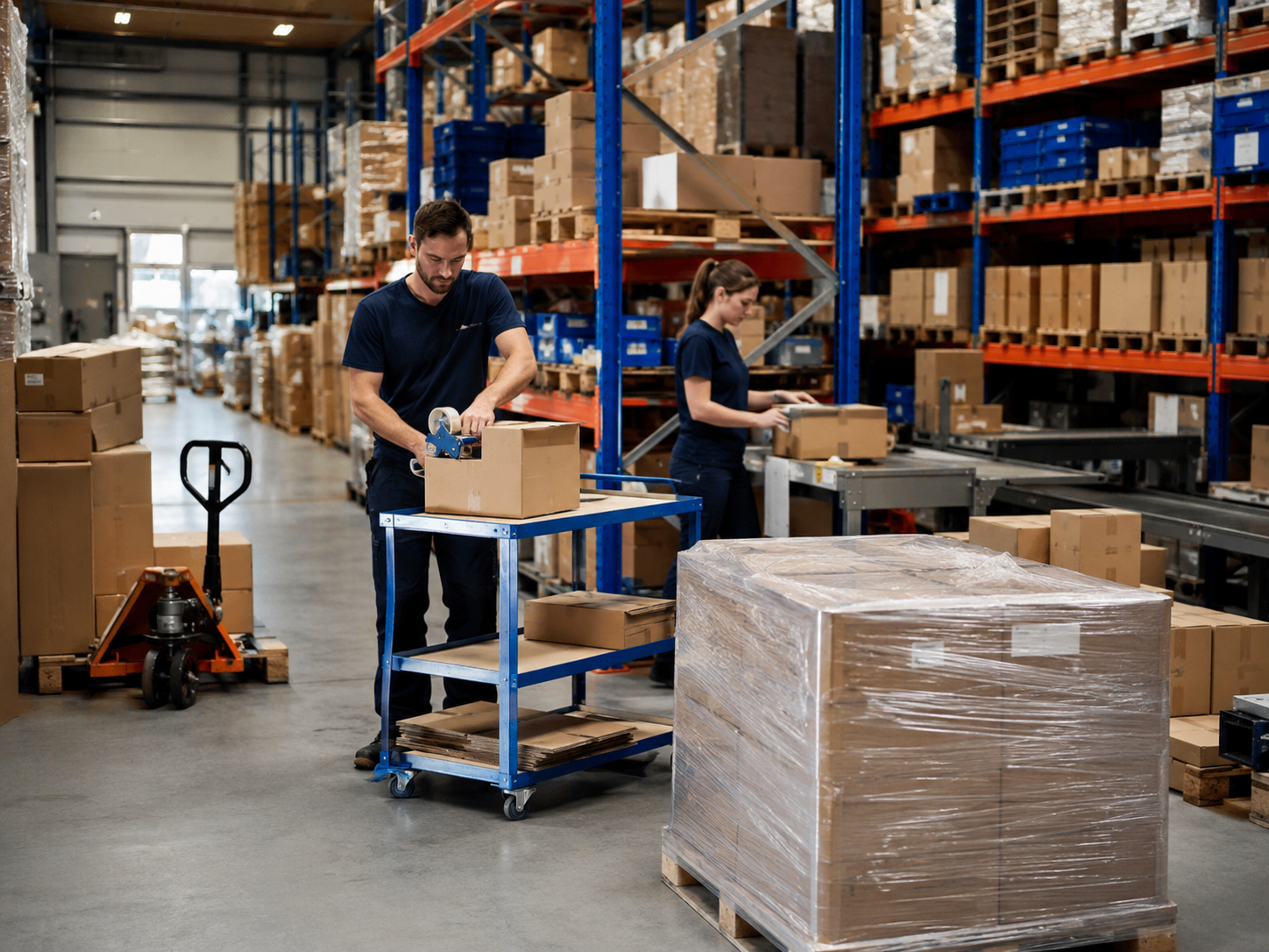 Warehouse operator picking and packing orders on active fulfilment shelves with pallets, illustrating the capacity bottlenecks that justify using a 3PL