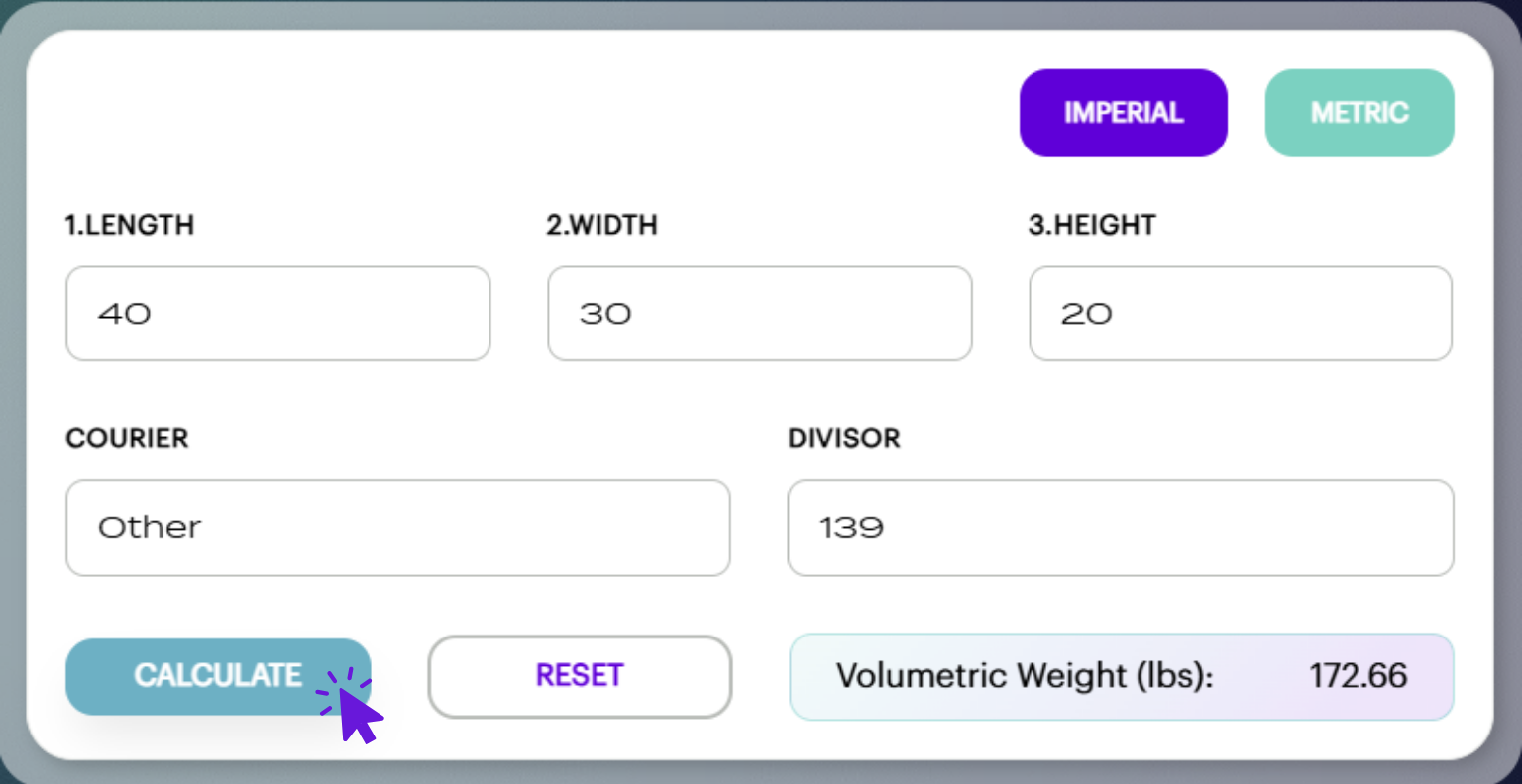 Screenshot of the Lazr volumetric calculator interface showing a sample dimensional weight result