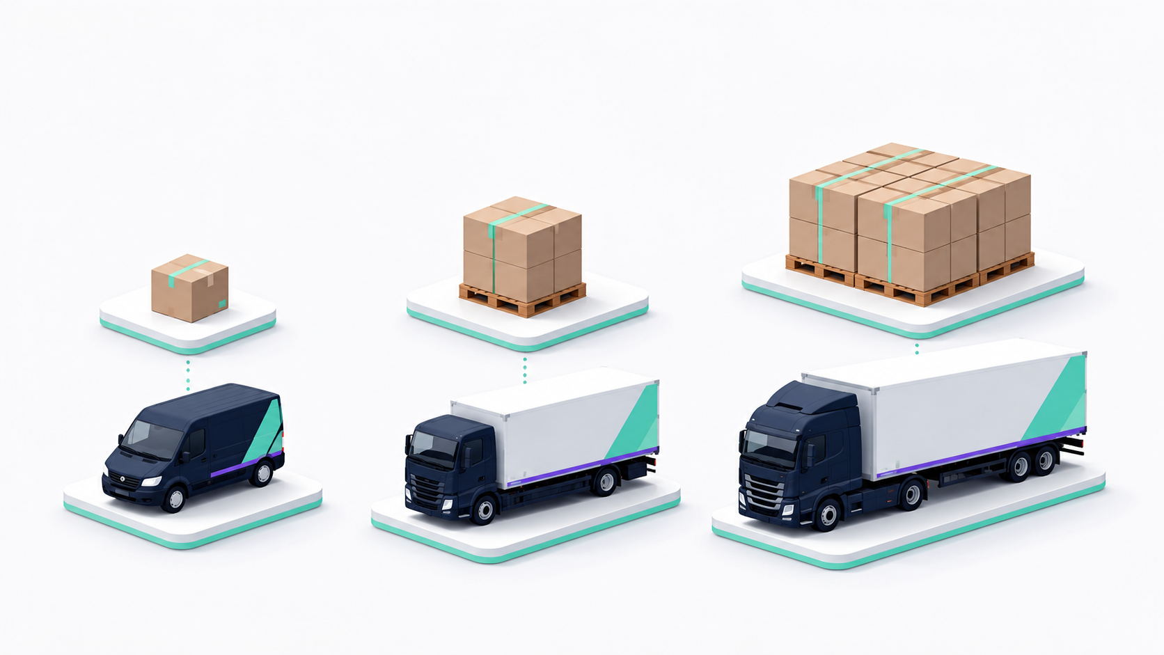 Infographic comparing a parcel, a pallet, and a larger stacked pallet, each paired with a proportionally sized delivery vehicle