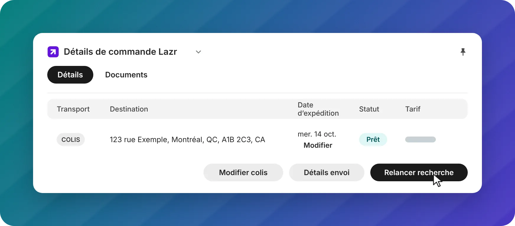 Panneau Détails de commande Lazr sur une commande Shopify, avec un envoi de colis qui a reçu ses devis automatiquement et les boutons Modifier colis, Détails envoi et Relancer recherche