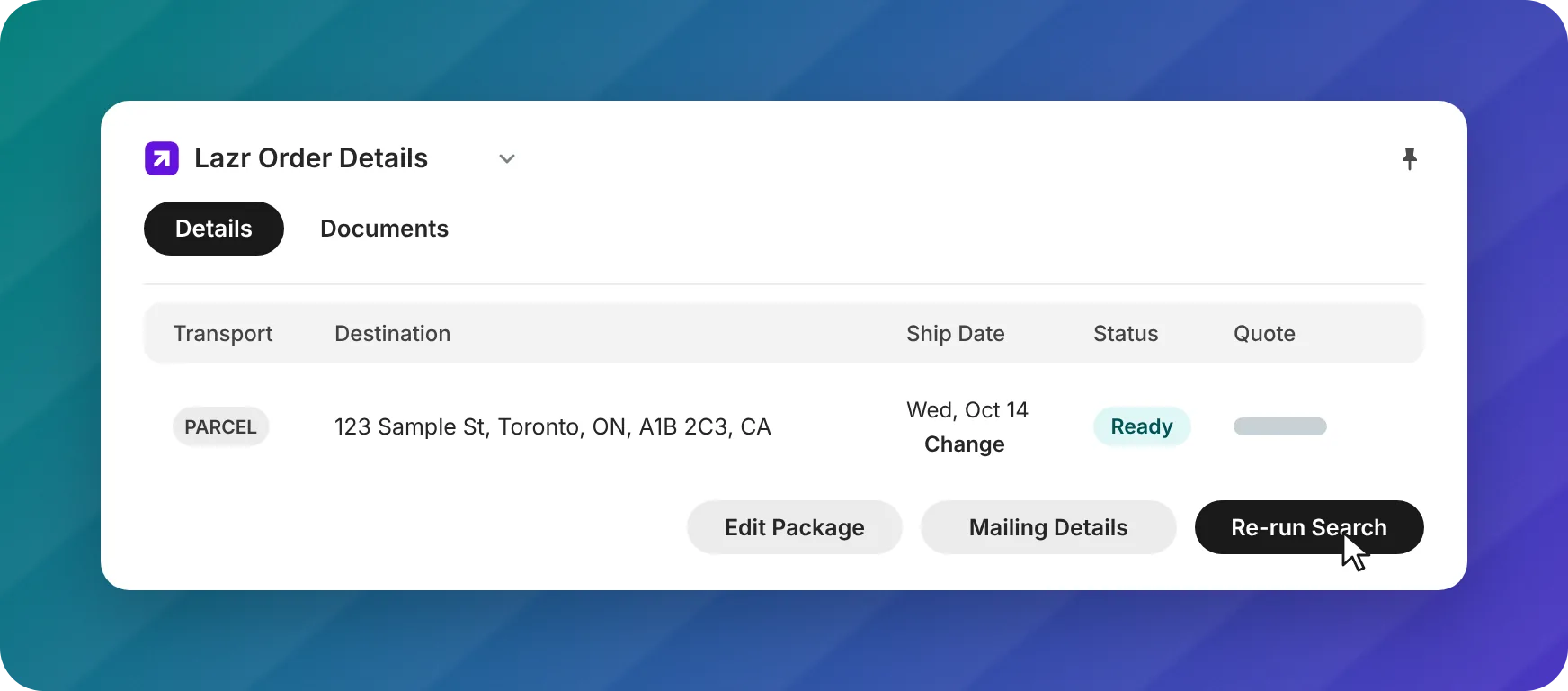 Lazr Order Details panel on a Shopify order showing a parcel shipment quoted automatically, with Edit Package, Mailing Details and Re-run Search buttons