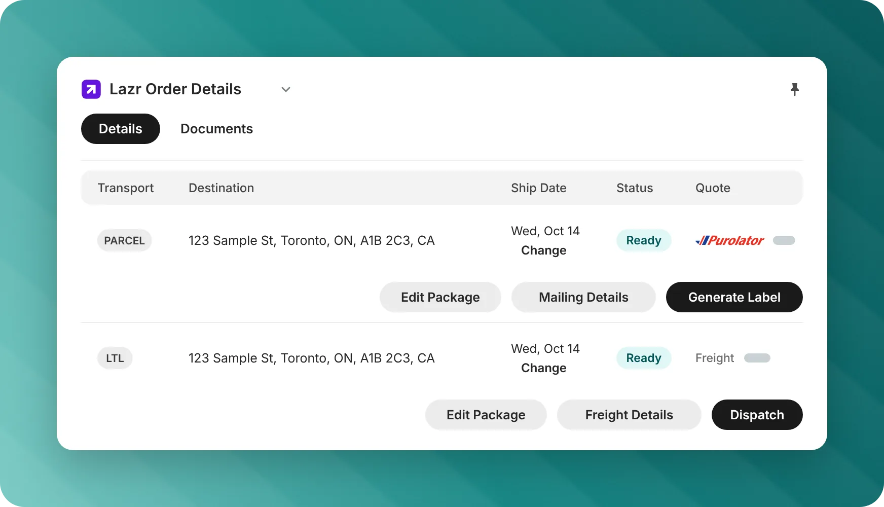 Lazr Order Details panel showing a parcel shipment with a Generate Label button and an LTL freight shipment with a Dispatch button