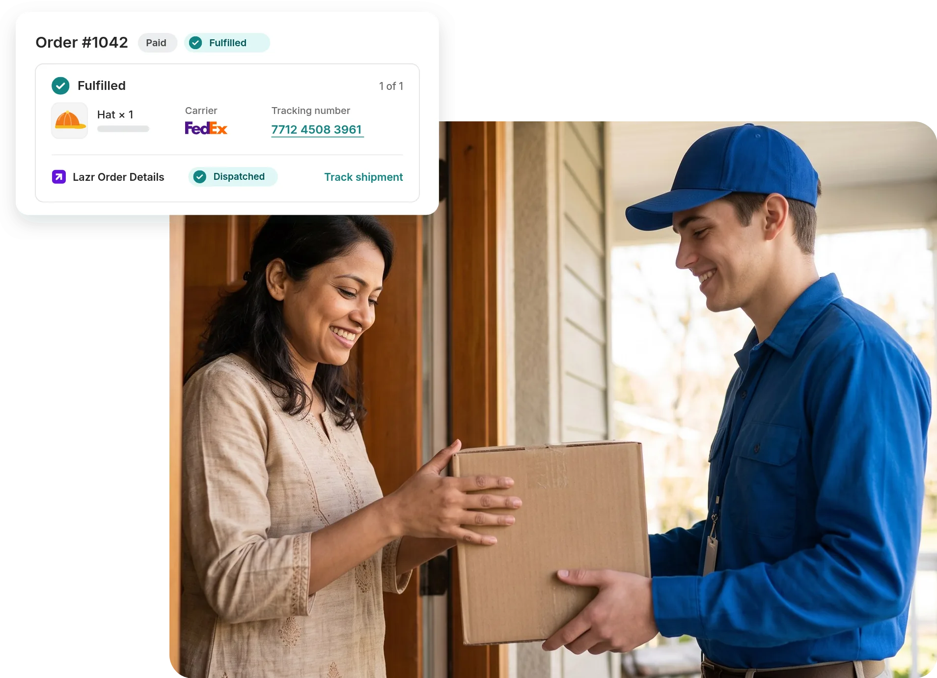 Courier handing a parcel to a customer at her door, with the Shopify order marked Fulfilled and showing the carrier, tracking number and a Track shipment link